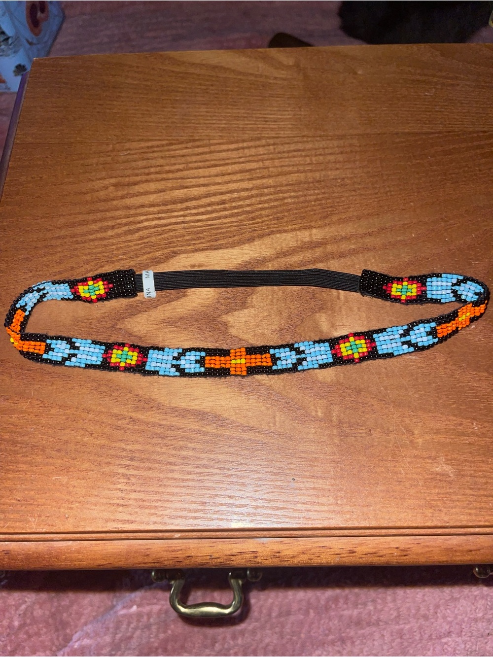 Beaded Tribal Pattern Elastic Headband in Black, Turquoise & Orange